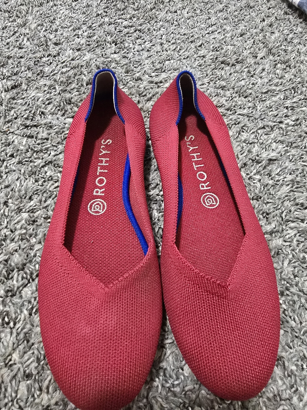 Rothy's Red Knit Flats with Blue Trim